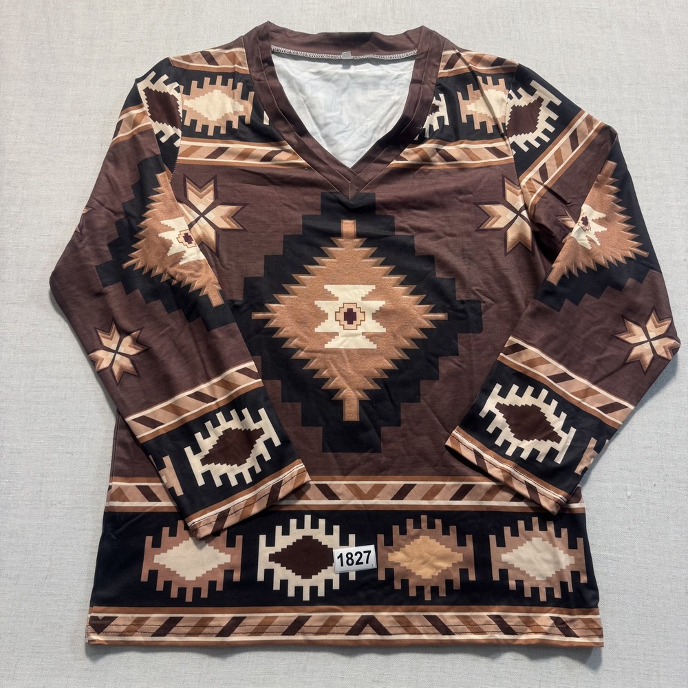 Unbranded Aztec Print V-Neck Top Womens Sz S Brown Pre-owned